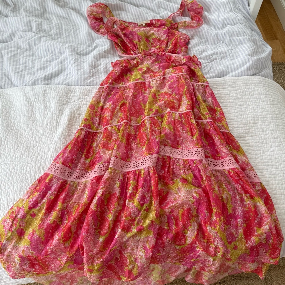 LoveShackFancy Floral Pink and Green Maxi Dress